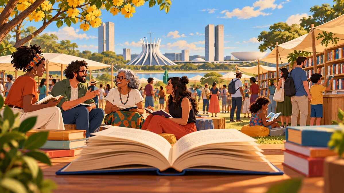 Ilustração editorial de público em atividade cultural ao ar livre em Brasília, com monumentos da cidade ao fundo.