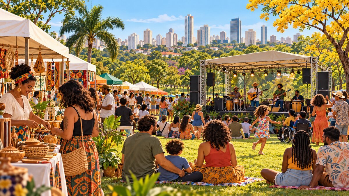 Ilustração editorial de público reunido em festival ao ar livre, com palco e área verde em Goiânia.
