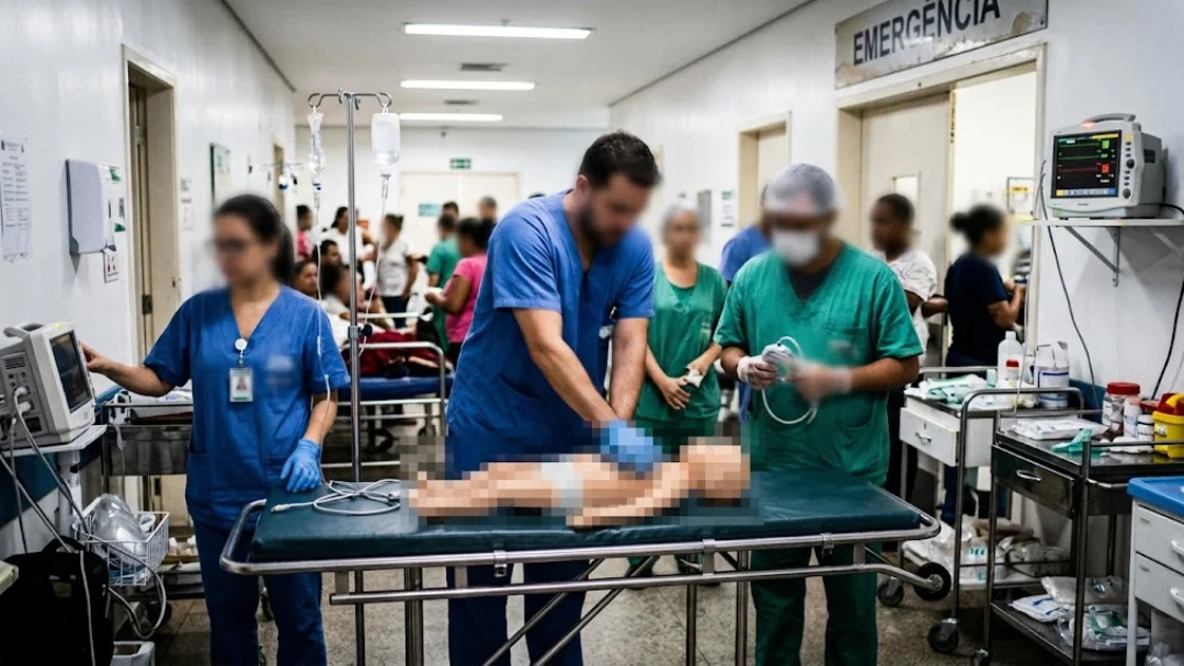 Equipe médica realizando manobras de reanimação em uma criança em uma unidade de pronto atendimento.
