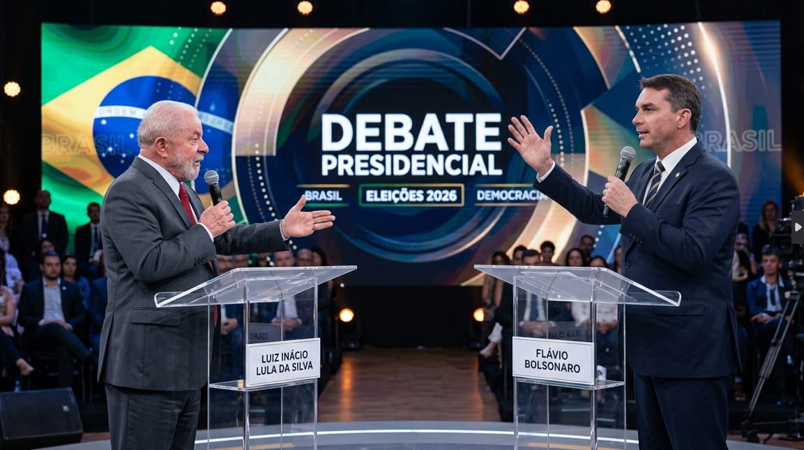 Imagem meramente ilustrativa gerada por IA, representando Lula e Flávio Bolsonaro em um debate.