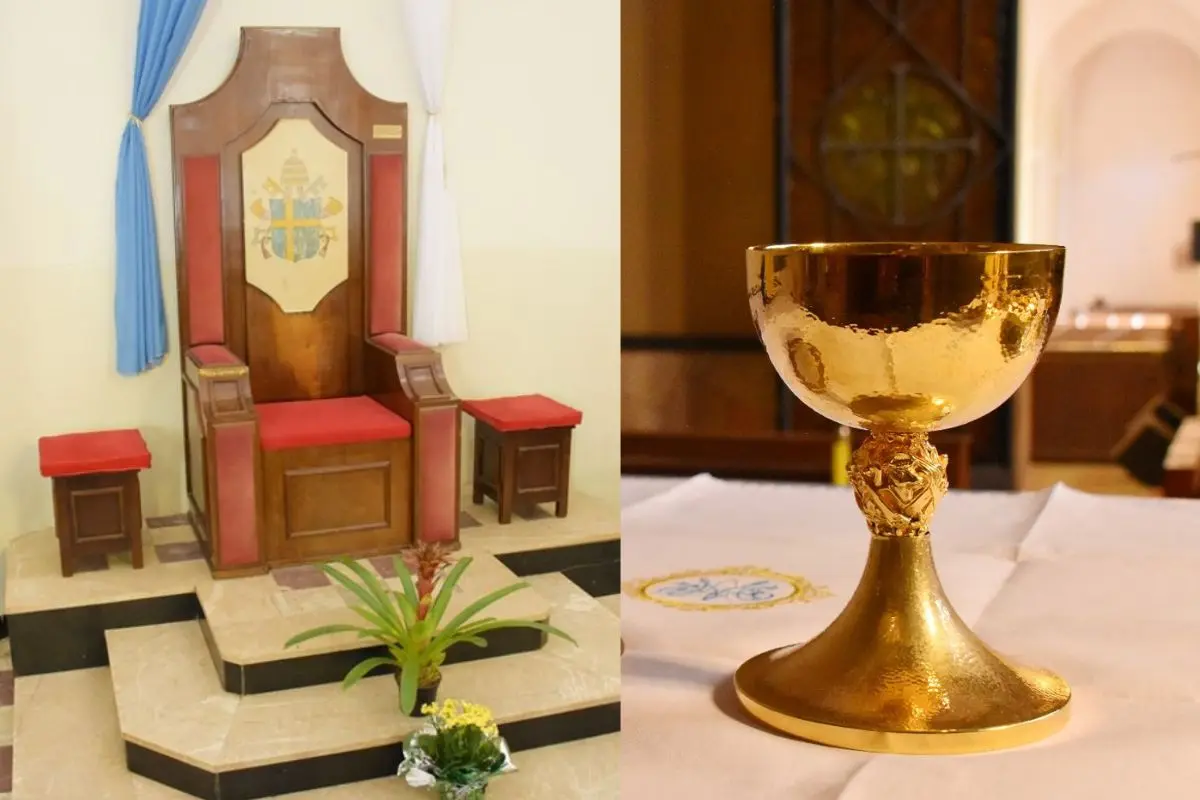 A cátedra e o cálice usados por João Paulo II ficaram em Goiânia como lembrança de sua passagem pela capital goiana em 1991 (Foto: Arquidiocese de Goiânia)