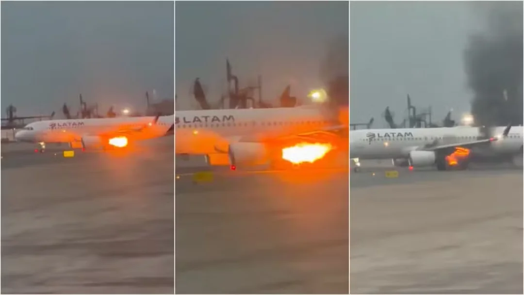 Imagem a verificar do incêndio em avião da LATAM no aeroporto de Lima; descrever somente os elementos visíveis após seleção da fotografia.