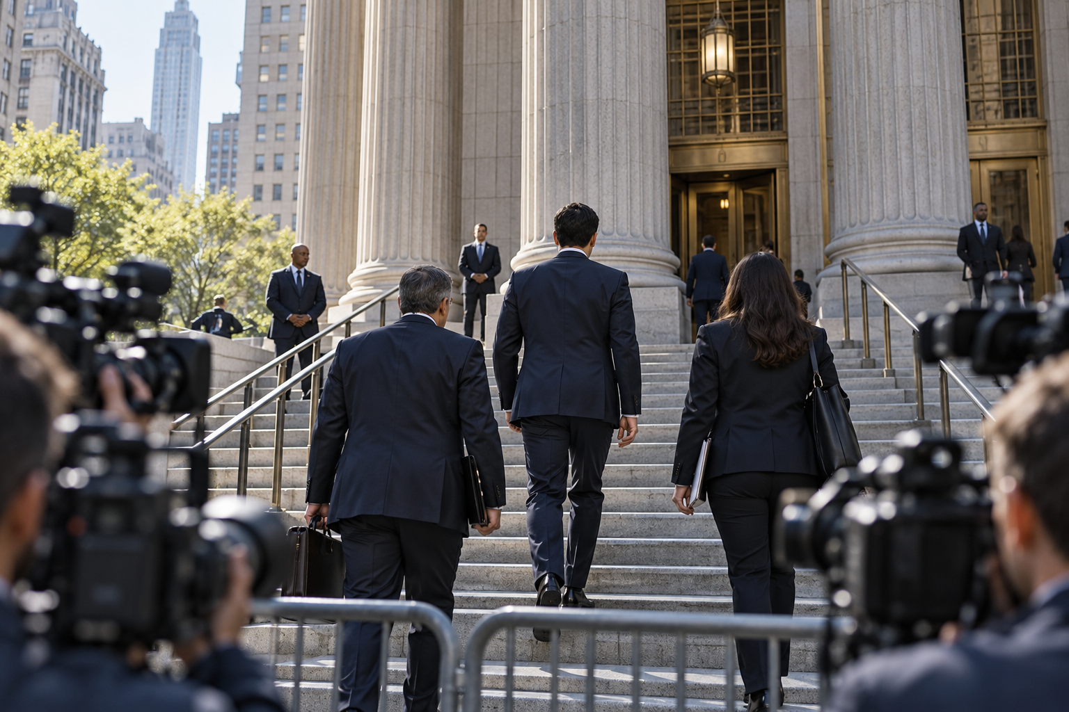 Ilustração de pessoas caminhando em direção à entrada de um tribunal, com profissionais de imprensa ao redor.