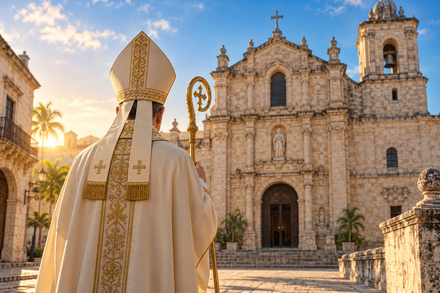 Ilustração editorial de um bispo visto de costas diante de uma catedral.